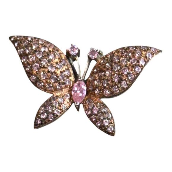 Vintage Sterling Silver Pink Crystal Rhinestone 2" Butterfly Pendant Swarovski - Picture 6 of 7